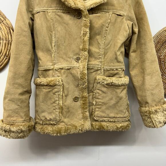Vintage Y2K 2000s Mudd Beige Tan Faux Fur Lined Leather Jacket Coat Small - Picture 5 of 9
